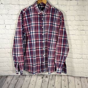 Johnnie-O Mens Blue Red Plaid Button Up Large 646 Sweet Berry Wine JMWL 1200‎